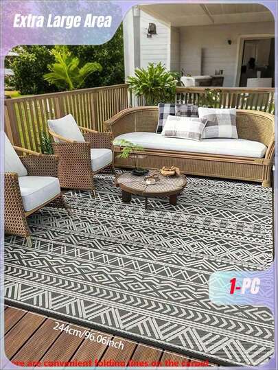 Alfombra de exterior, textura tejida plana con líneas plegables, alfombra de terraza exterior, alfombra de estilo bohemio para áreas exteriores, adecuada para terrazas, cubiertas, porche delantero, patio trasero, balcones, gris y blanco