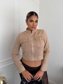 Maria Perezxox Women's Warm Thick Metal Button Decorated Cargo Green Short Jacket, Suitable For Autumn/Winter Fall Cloth For Women - Apricot - View 4