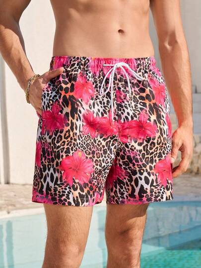 Manfinity VDAYZ Men's Summer Vacation Leopard & Floral Print Drawstring Waist Beach Shorts Men's Leopard Swim Trunks Men Cheetah Shorts Pink Men Swim Trunk Men Cheetah Print Swim Trunks