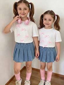Genkimix Kids 青少年女孩白色短袖T恤配蝴蝶結裝飾與藍色牛仔百褶裙，2件組可愛夏季開學藍白童裝套裝 - 彩色 - 查看 3