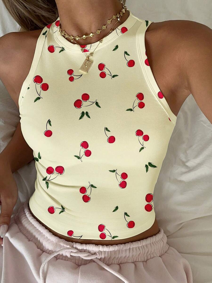 SHEIN EZwear 休闲简约圆领紧身女式背心,樱桃印花图案,适合夏季穿着 - 彩色 - 查看 1