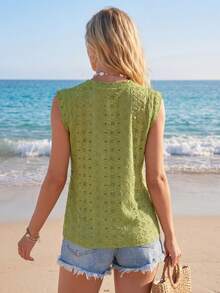 Sylviya Women's Solid Color Hollow Out Embroidery T-Shirt,Casual - Green - View 2