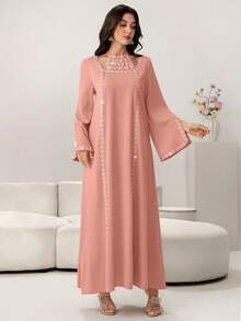 Yasmyna Vestido com Gola de Renda Floral Elegante, Manga Flare, Primavera/Verão - Laranja - Visão 6