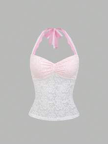 Sweetra Lace Patchwork Halter Backless Fitted Women Tank Top - Pink - View 1