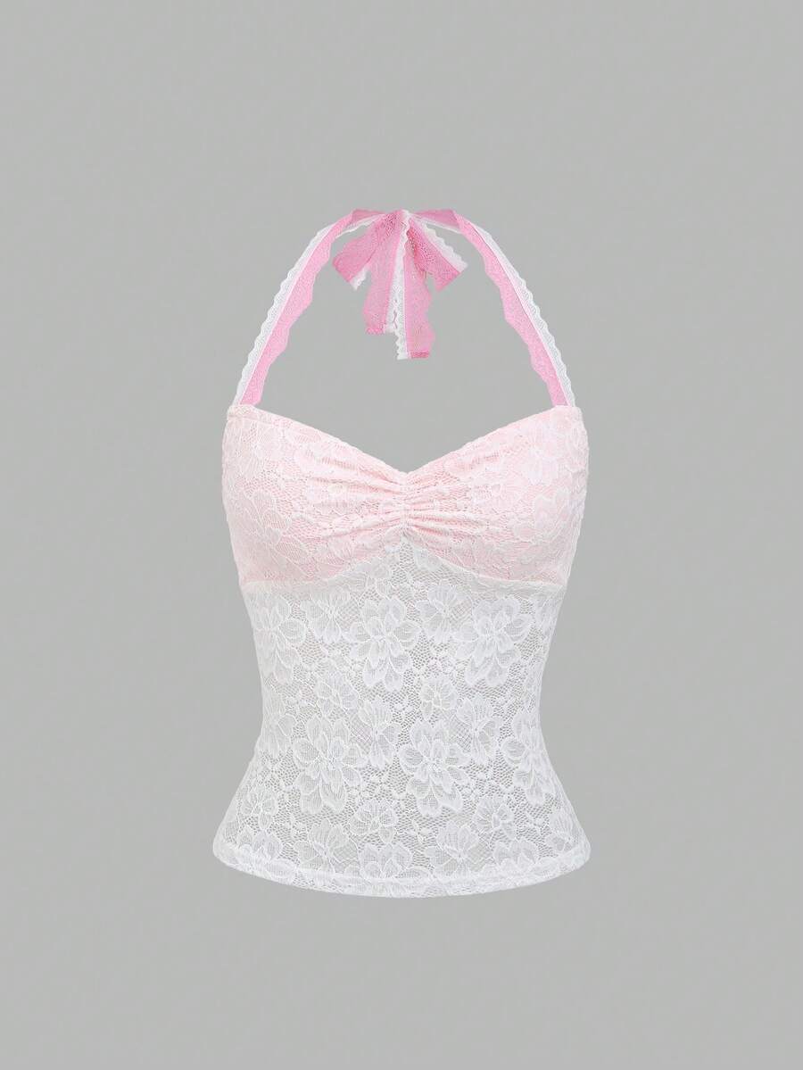 Sweetra Lace Patchwork Halter Backless Fitted Women Tank Top - Pink - View 1