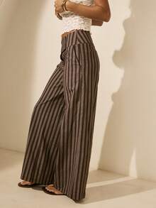 Aralina 条纹低腰阔腿阔腿裤，宽腰带设计，棕色，夏季休闲裤，沙滩裤，女士休闲裤 - 彩色 - 查看 3