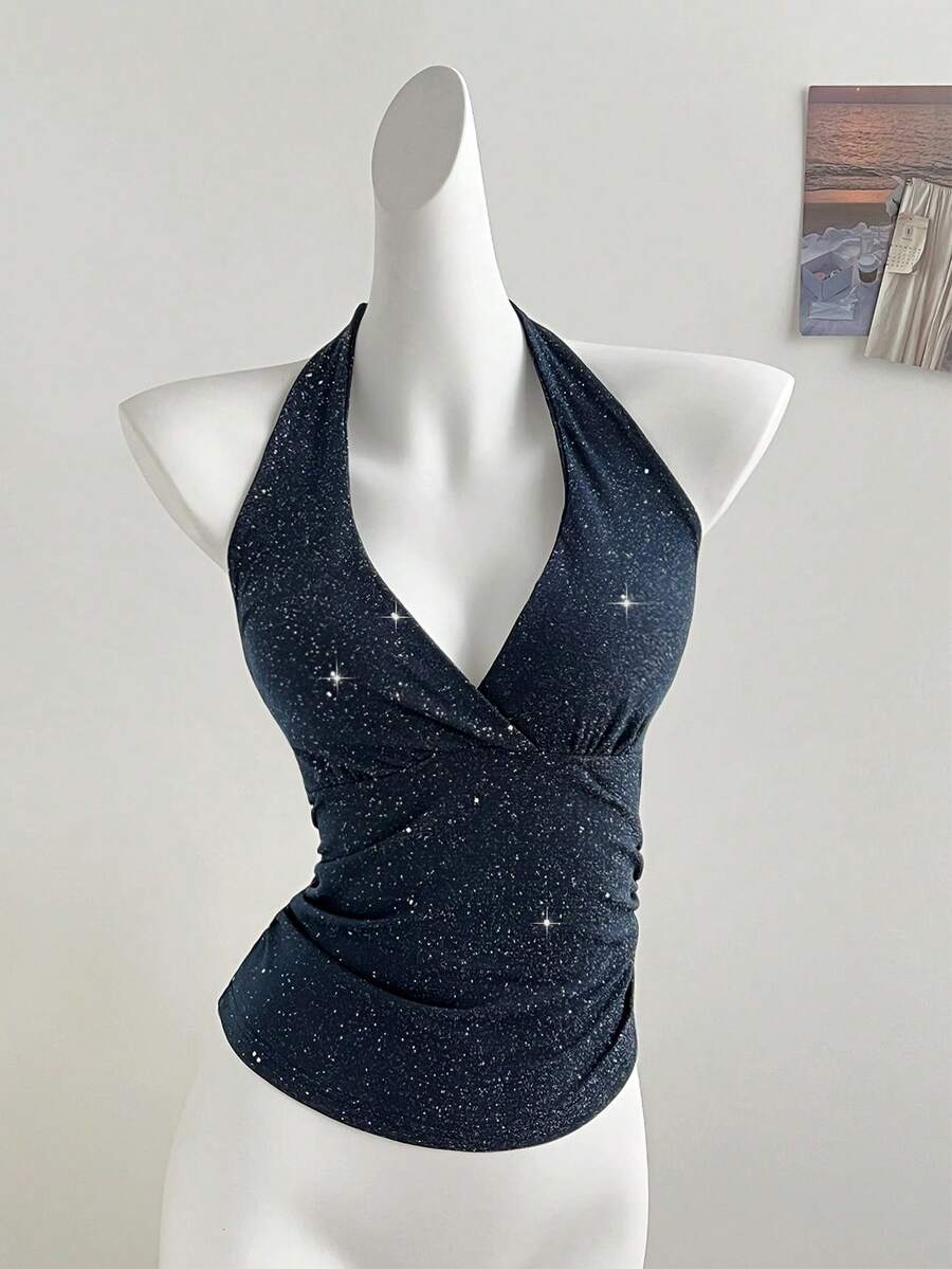 Elamini Women's Halter Neck Glitter Strap Camisole, Sexy Chic Style - Navy Blue - View 1