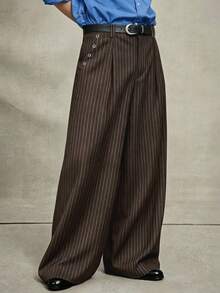 PAVTROS 男士休闲超宽松黑色长裤，饰有金属铆钉，适合秋冬街头服饰、派对服装、圣诞节装扮、圣诞礼物、INS街头风、男女皆宜、送给男朋友的礼物。男士阔腿裤，男士褶裥西装裤 - 咖啡棕 - 查看 3