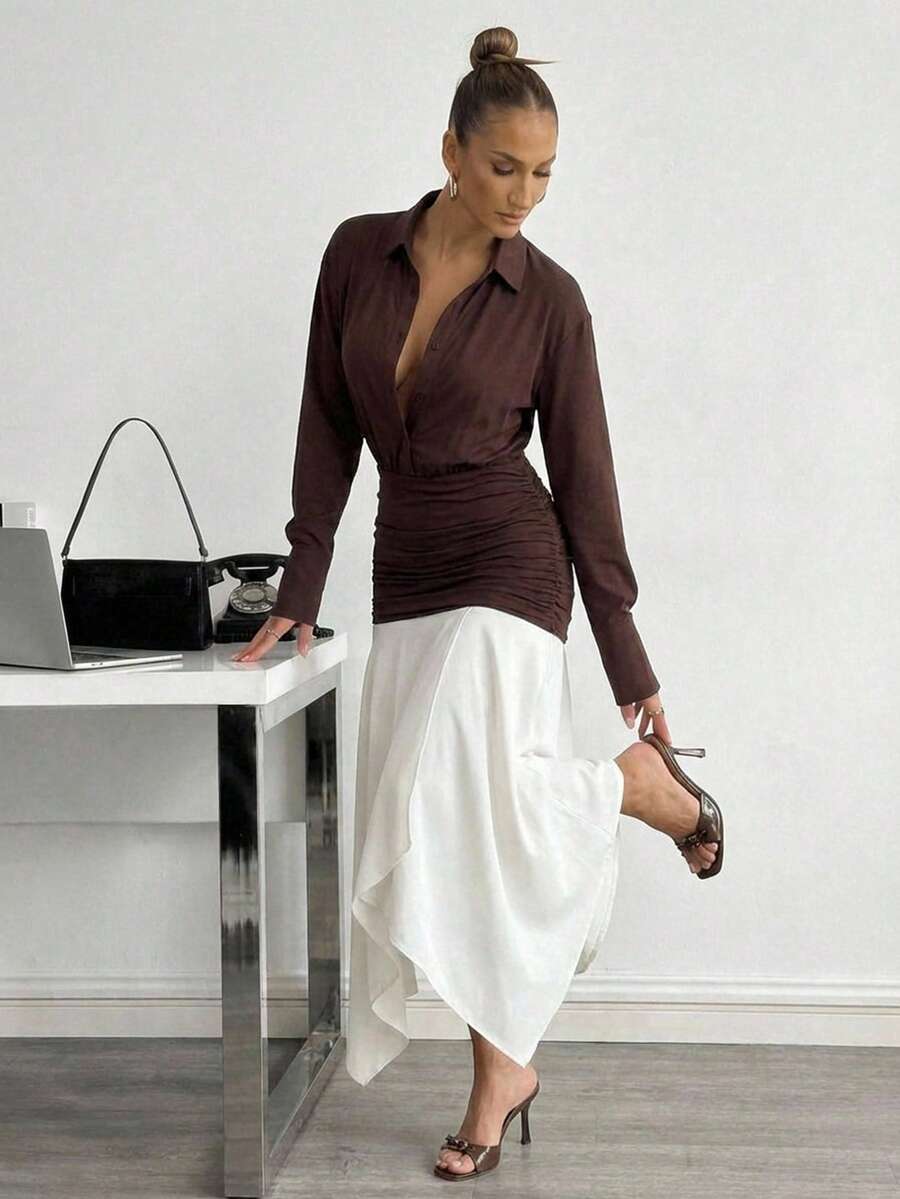 Lumalex Vestido de mujer de manga larga con cuello y bloque de color elegante