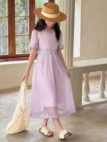 DAZY Tween Girl Contrast Lace V-Neck Short Sleeve Elegant Dress Summer - Purple - View 3