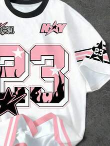 SHEIN EZwear 大码休闲简约圆领T恤，印有数字23和英文字母赛车图案，宽松版型，适合外出、街头风格、时尚穿搭。 - 彩色 - 查看 4