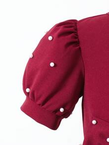 Glamorique Kids Girls' Elegant Wine Red Pearl Puff Sleeve Dress, Spring/Summer Oblique Shoulder Big Bow 3D Floral Hem Dress For Party, Birthday, Banquet - Burgundy - View 6