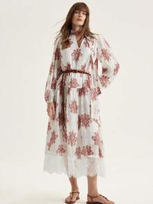 Aveloria Modichic 时尚度假波西米亚风优雅精致闪亮随机印花宽松飘逸下摆拼接蕾丝长袖连衣裙 - 彩色 - 查看 4