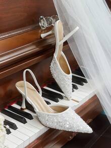 CUCCOO HITCHD Women's Fashionable Elegant Party Sequin Pointed Toe High Heels Elegant Shoes Wedding Shoes Summer Shoes Bride Shoes - White - View 2