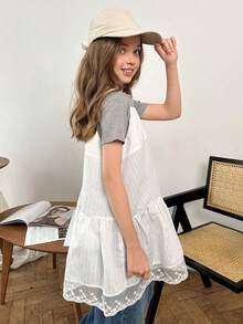DAZY Tween Girl Solid Color Round Neck Short Sleeve T-Shirt And Ruffle Hem Camisole Dress Casual 2-Piece Set - Grey - View 6