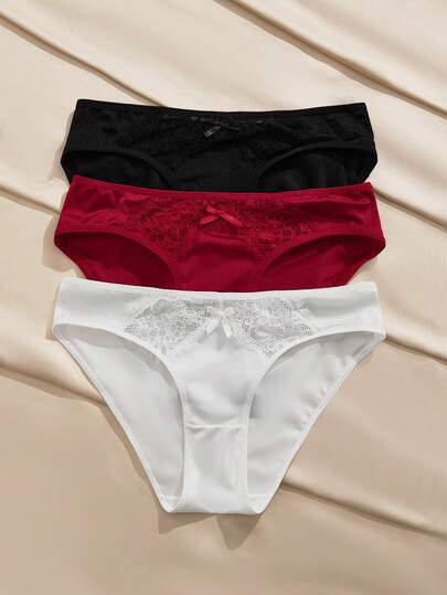Charlaine 3pcs/Set Women's Multicolor Satin Patchwork Lace Trim Panties