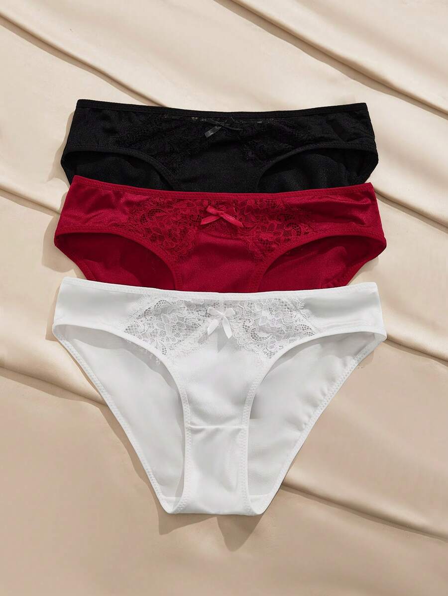 Charlaine 3pcs/Set Women's Multicolor Satin Patchwork Lace Trim Panties - Multicolor - View 1