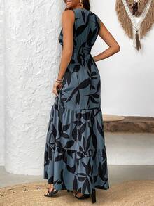 EMERY ROSE Women's V-Neck Sleeveless Dress With All-Over Print And Ruffled Hemline For Summer Maxi Vacation Beach Outfit - Dusty Blue - View 2