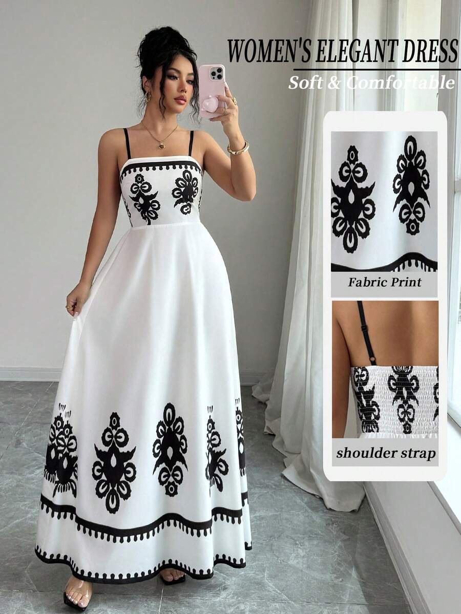 Elenzga Đầm maxi chữ A nữ màu đen trắng thời trang và thanh lịch, họa tiết in nổi, dây thun co giãn điều chỉnh được, phù hợp cho công sở, dạo phố, phong cách lãng mạn Pháp, thường ngày, retro Trung Đông, tiệc trà chiều, dự tiệc, mùa tựu trường, xuân/hè. - Đen và trắng - Xem 1
