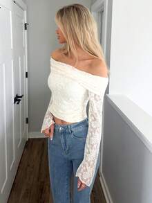 Sydney Algeri 女士露肩长袖简约 T 恤，休闲日常穿着 - 白色 - 查看 3