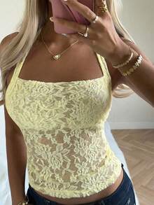 SHEIN CovetEZ New Arrival Sexy Lace Semi-Sheer Yellow Blouse For Women, Summer - Light Yellow - View 3