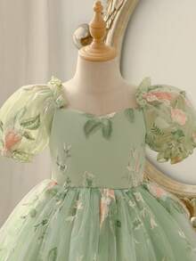 Glamorique Kids 花童、生日派对、婚礼、节日礼服，女童公主风花卉网纱连衣裙，适合派对或特殊场合，泡泡袖，优雅正式礼服，可爱美丽，四季皆宜 - 綠色 - 查看 7