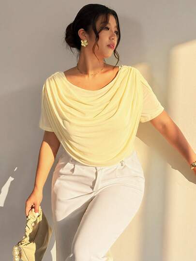 Firerie Plus Size Women Elegant Plunging Neck Long Sleeve Sheer Mesh Fitted Sexy Top/Plus Size Mesh T-Shirt, Suitable For Valentine's Day, Concert, Performance, Date, Formal Dinner, Prom, Wedding Season, Sexy, Elegant, Commute, Back To School, Vacation, Beach, Romantic, Office Lady, Mermaid Style, Birthday Party, Going Out Tops