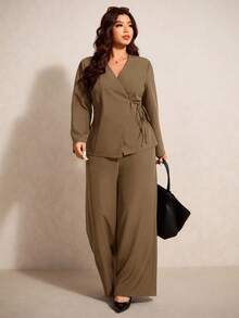 Elaquor Plus Size Women Solid Color Wrap Tie Waist Long Sleeve Jacket And Wide Leg Pants Casual Suit Set Autumn Winter Clothes For Women - Navy Blue - View 5