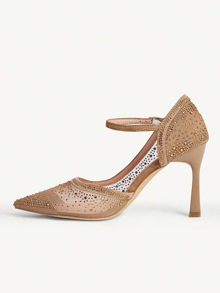 CUCCOO CHICEST Women's Pointed Toe High Heel Shoes, Rhinestone Decor Mesh Fabric, Fashion Comfortable For Daily, Party, Banquet, Buckle Strap Design Valentine's Day Elegant Shoes Wedding Shoes