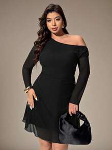 Auralis 酒红色斜肩网纱褶皱腰身A字迷你连衣裙，优雅不对称肩部短款连衣裙，适合情人节、新年派对 - 黑色 - 查看 4