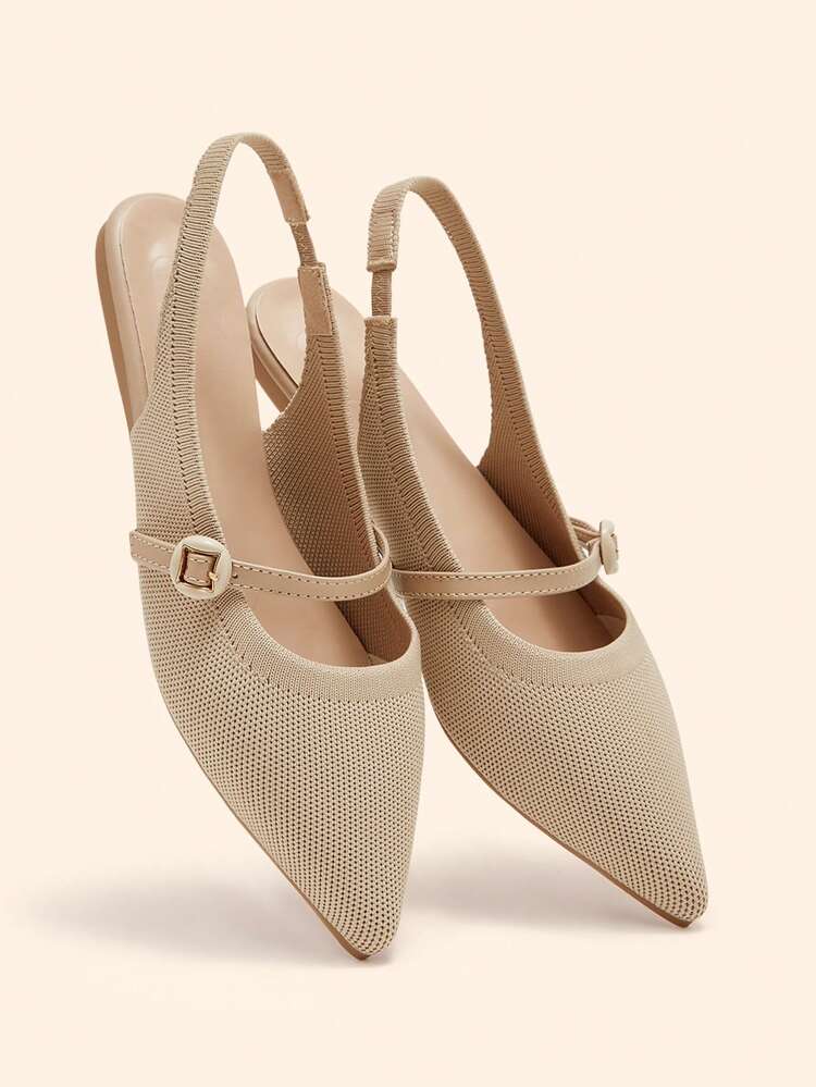 CUCCOO BASICS Women Shoes Pointed Flat Bottom Apricot Knitted Strap Buckle Back Strap Comfortable And Breathable Daily Commuter Versatile Flat Bottom Mary Jane Women's Shoes Women's Flat Bottom Shoes Slingback Shoes Spring Shoes