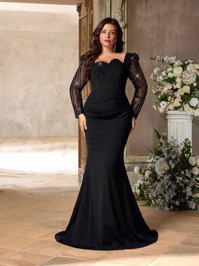 Aureia Plus Size Elegant Minimalist Black Round Neck Long Sleeve Sheer Chest Sequins Decor Luxury Sequin Patchwork Knit Mermaid Hem Dress, Suitable For Celebration, Party, Formal Events, Gala