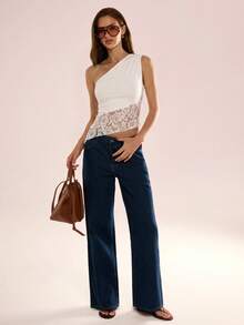 Avenya 不对称下摆撞色蕾丝肩部上衣 - 白色 - 查看 5