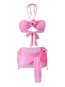 Swim Vcay New Women's Sweet Vacation Bow Halter Bikini Set - Pink - View 3