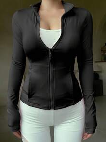 DAZY Women's Outdoor High Collar Fitted Zip-Up Cotton Jacket - Black - View 4