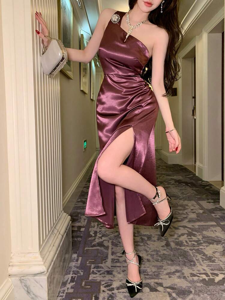 Women's Elegant Solid Color Asymmetrical Shoulder Long Dress, Summer,Wedding Guest Dress Women Maxi Dress Sundress Cocktail Dress