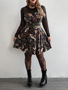 SHEIN CURVE+ 大码女装新款圆领复古休闲学院风暗黑朋克风印花拼接网纱缎带装饰A字长袖连衣裙，适合日常穿着、办公室、感恩节、新年派对、节日、生日派对、音乐节、情人节、春夏等场合。 - 彩色 - 查看 4
