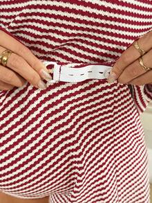 SHEIN 2件套孕妇休闲条纹上衣和短裤套装，秋季 - 紅白色 - 查看 5