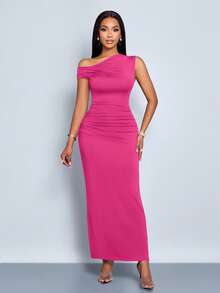 SOLERSUN Women's Spring Summer Solid Color Simple Daily Date Elegant Party Asymmetric Oblique-Shoulder Tight-Fitting Long Dress - Hot Pink - View 6