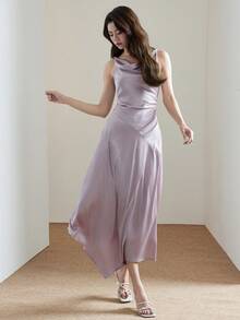 Heiryn Women's Elegant Summer Dusty Mauve Satin Cowl-Neck Asymmetric Midi Dress,Bias-Cut Party Evening & Wedding-Guest Dress,Solid Color Pleated Sleeveless - Pink - View 7