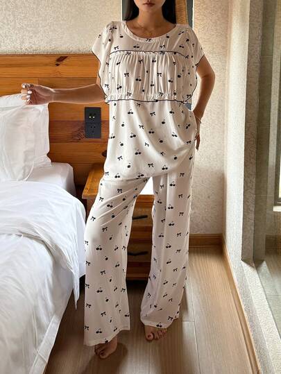 DAZY Sweet Cherry Print Ruffle Trim Loose Women Pajama Set