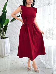 Modelyn 女士纯色圆领腰部镂空抽绳设计优雅中长连衣裙 - 酒紅色 - 查看 4