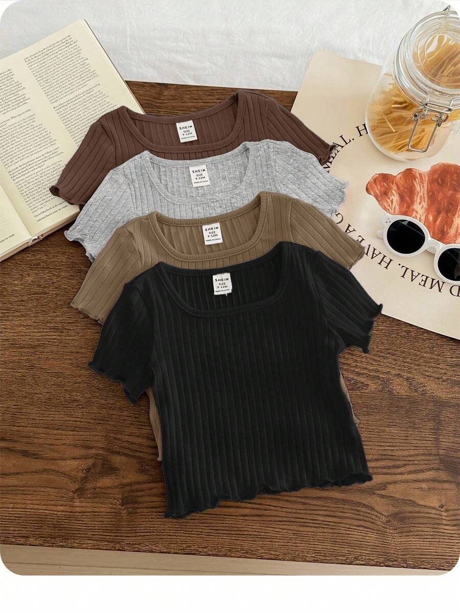 Bộ 4 món áo thun tay ngắn màu trơn dáng suông, có bèo nhún. - Nhiều màu - Xem 1