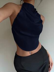 Aloruh Sexy Halter Backless Satin Women Camisole,Summer Top - Navy Blue - View 4