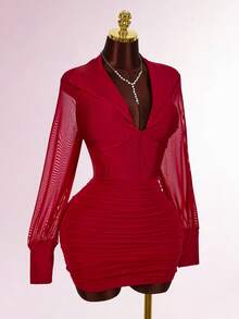 Amplova Plus Size Solid Color V-Neck Waist Fitted Bodycon Dress For Women - Red - View 7