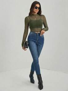 SHEIN Tall Áo lưới dài tay màu đen xuyên thấu dành cho nữ - xanh quân đội - Xem 5