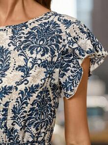 SHEIN Clasi Vestido corto casual de mujer con cuello redondo, mangas con volantes y estampado de plantas - Multicolor - Ver 3