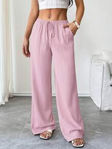 Flirla Petite Women's Solid Color Casual Comfortable Elastic Waist Loose Pants Fall Cloth For Women - Pink - View 1