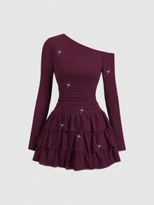 Sweetra Damen elegantes Party Sexy asymmetrischer Ausschnitt Glitzer Stoff Mode Rüschen Saum Langarm Kleid, Herbst/Winter - Rot - Übersicht 3