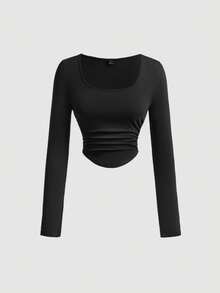 SHEIN MOD 4件套女士褶皱休闲方领长袖T恤套装，保暖衣物，秋季，外出上衣，假日，新年，纯色长袖露脐上衣，女士休闲针织多色常规下摆 - 彩色 - 查看 9